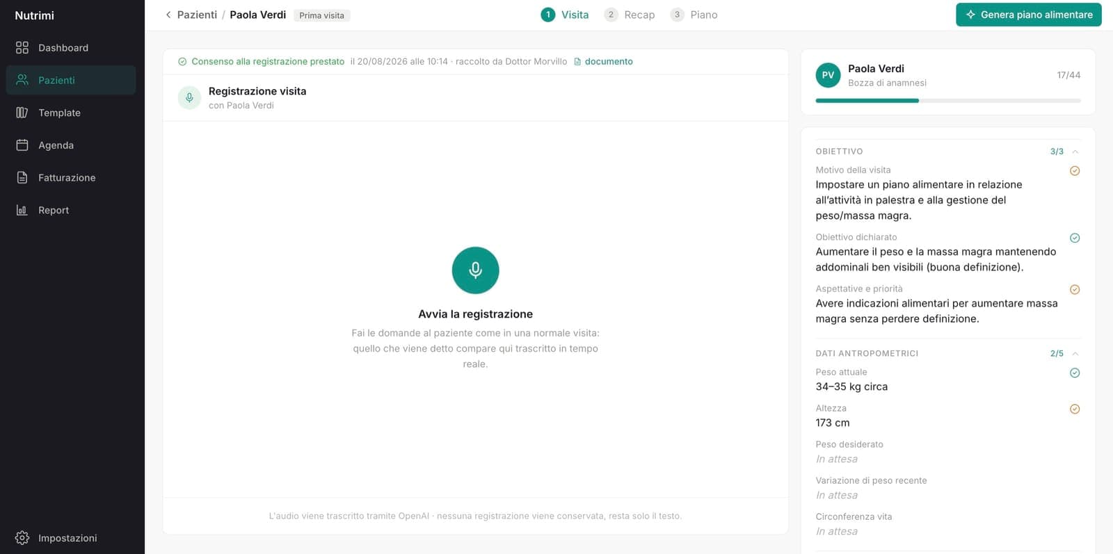 Nutrimi: schermata del progetto